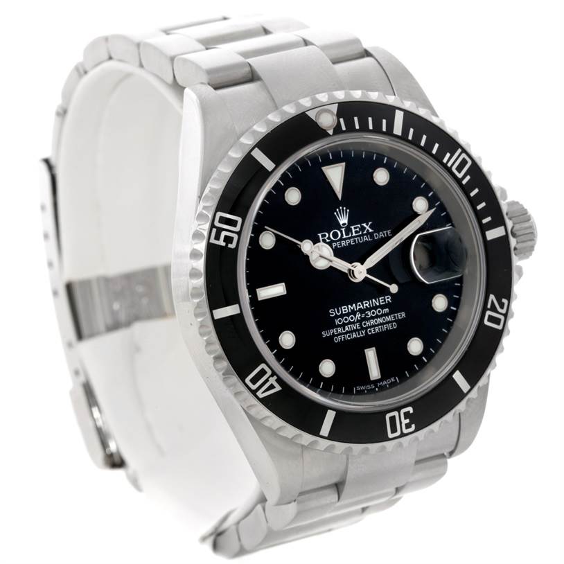 The Rolex Submariner 16610 Men
s Stainless Steel Black Dial 16610 Men
s Stainless Steel Black Dial watch is shown at a three-quarter angle, highlighting the dial, bezel, crown, and part of the bracelet.