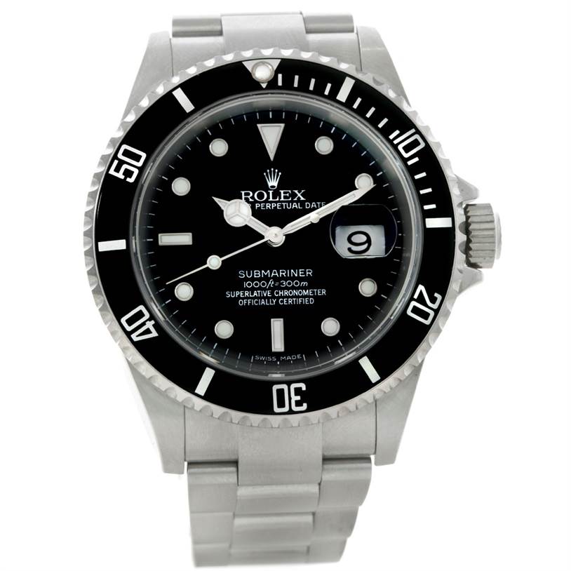 This image shows a front view of a Rolex Submariner 16610 Men
s Stainless Steel Black Dial 16610 Men
s Stainless Steel Black Dial, displaying the watch face, bezel, date window, and stainless steel bracelet.