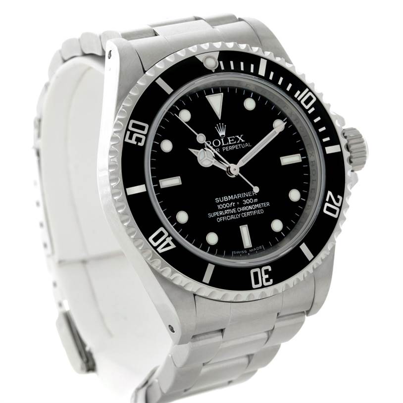 The image shows a Rolex Submariner 14060 Men
s Stainless Steel Black Dial 14060 Men
s Stainless Steel Black Dial watch from a front-left angle, highlighting its dial, bezel, and bracelet.