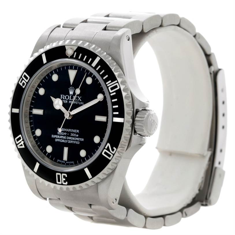 This image shows a three-quarter close-up view of the Rolex Submariner 14060 Men
s Stainless Steel Black Dial 14060 Men
s Stainless Steel Black Dial watch, highlighting its bezel, dial, and bracelet.