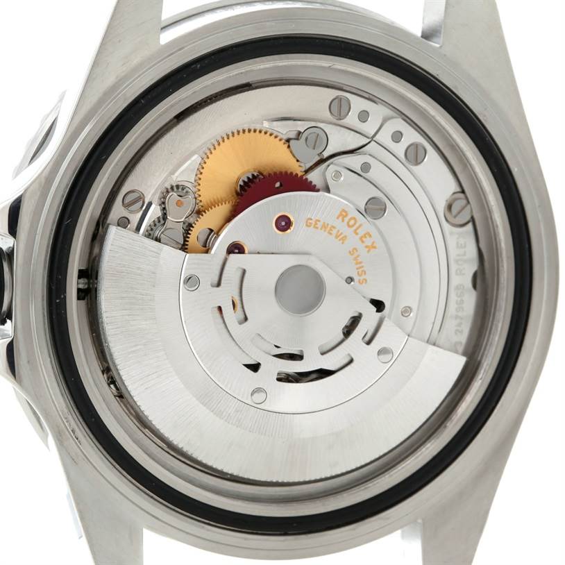 This image displays the back view of the Rolex Submariner 14060 Men
s Stainless Steel Black Dial 14060 Men
s Stainless Steel Black Dial watch, showing its internal mechanical movement.