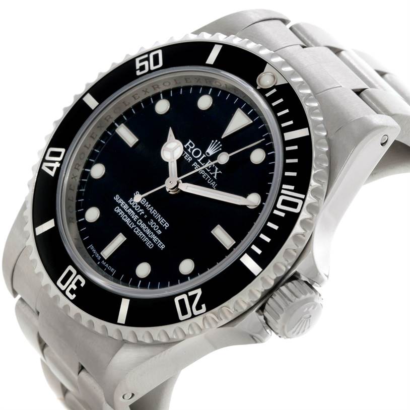 This image shows a Rolex Submariner 14060 Men
s Stainless Steel Black Dial 14060 Men
s Stainless Steel Black Dial watch at a slight angle, highlighting the face, bezel, and part of the bracelet.