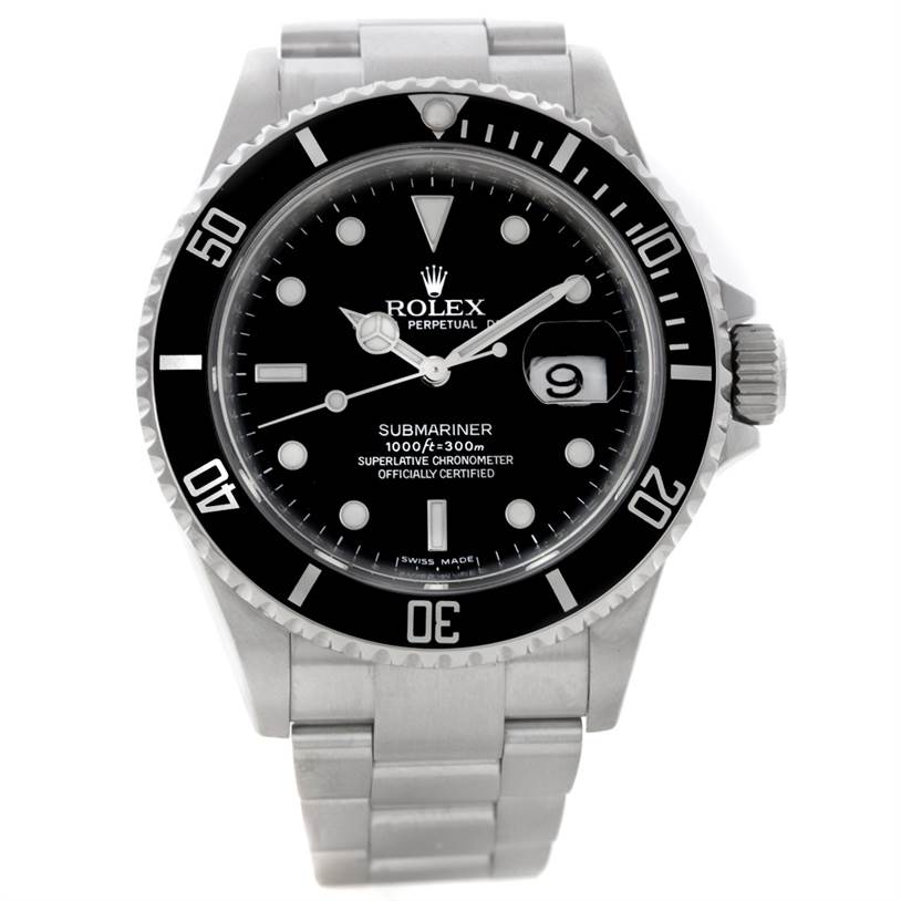 This image shows a front view of a Rolex Submariner 16610 Men
s Stainless Steel Black Dial 16610 Men
s Stainless Steel Black Dial watch, displaying the dial, bezel, and bracelet.