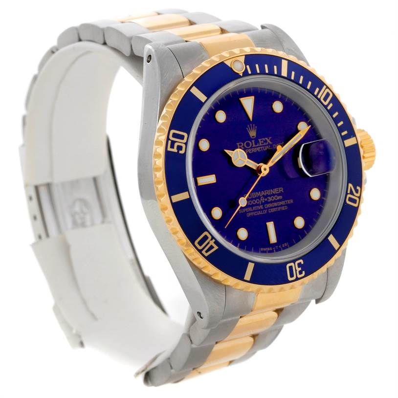 This image shows a Rolex Submariner 16613 Men's Steel and Gold (two tone) Blue Dial 16613 Men's Steel and Gold (two tone) Blue Dial watch at a three-quarter angle, displaying its face, bezel, and bracelet.