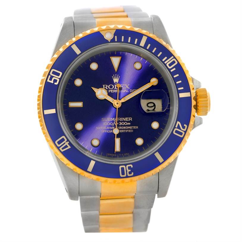 The image shows a front view of a Rolex Submariner 16613 Men's Steel and Gold (two tone) Blue Dial 16613 Men's Steel and Gold (two tone) Blue Dial watch, highlighting its blue dial, gold accents, and metal strap.