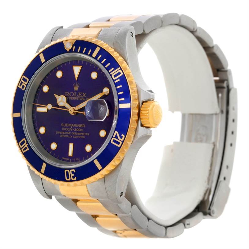 The image shows a Rolex Submariner 16613 Men's Steel and Gold (two tone) Blue Dial 16613 Men's Steel and Gold (two tone) Blue Dial watch angled from the front-left, highlighting the dial, bezel, case, and a portion of the bracelet.