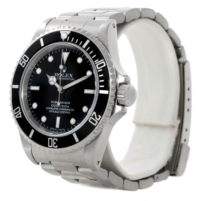 The image shows a side angled view of a Rolex Submariner 14060 Men
s Stainless Steel Black Dial 14060 Men
s Stainless Steel Black Dial watch, highlighting its bezel, face, and stainless steel bracelet.