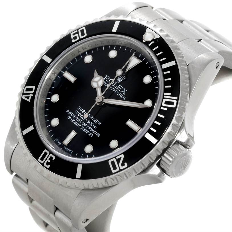 The Rolex Submariner 14060 Men
s Stainless Steel Black Dial 14060 Men
s Stainless Steel Black Dial watch is shown from a slightly tilted frontal angle, highlighting the bezel, dial, and bracelet.