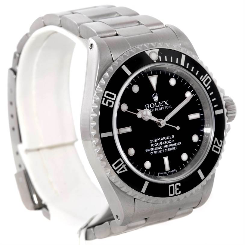 This image shows a Rolex Submariner 14060 Men
s Stainless Steel Black Dial 14060 Men
s Stainless Steel Black Dial watch at an angle displaying the face, bezel, and part of the bracelet.
