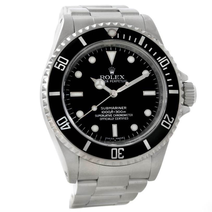 The image shows a front angle view of a Rolex Submariner 14060 Men
s Stainless Steel Black Dial 14060 Men
s Stainless Steel Black Dial watch, displaying the face, bezel, and part of the bracelet.