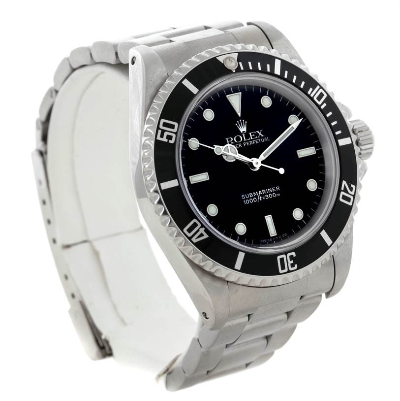The image shows a Rolex Submariner 14060 Men
s Stainless Steel Black Dial 14060 Men
s Stainless Steel Black Dial watch at a three-quarter angle, highlighting the face, bezel, crown, and bracelet.