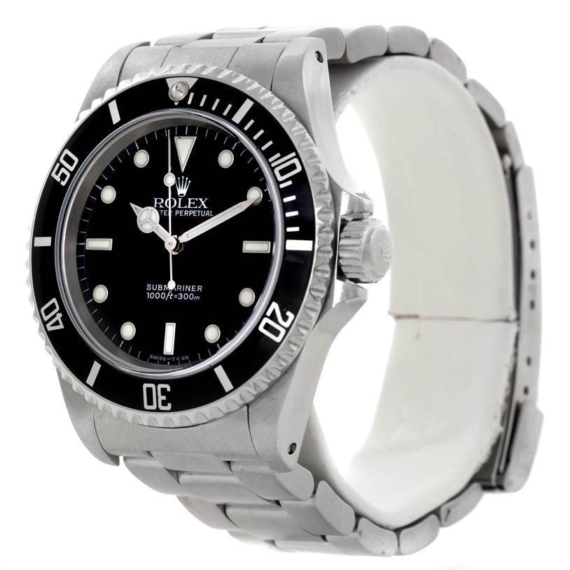 The image shows a Rolex Submariner 14060 Men
s Stainless Steel Black Dial 14060 Men
s Stainless Steel Black Dial watch at an angled, close-up view, displaying the dial, bezel, crown, and steel bracelet.