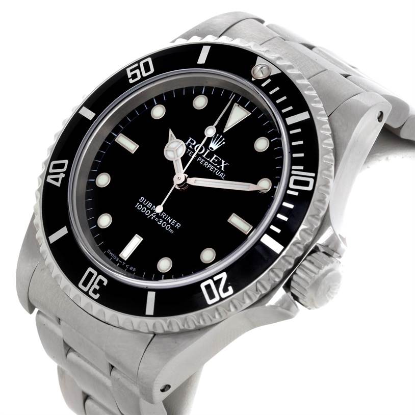 The Rolex Submariner 14060 Men
s Stainless Steel Black Dial 14060 Men
s Stainless Steel Black Dial watch is photographed from a front angled view, displaying its dial, bezel, case, and part of the bracelet.