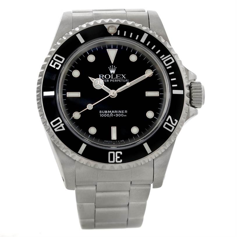 The image shows a front view of the Rolex Submariner 14060 Men
s Stainless Steel Black Dial 14060 Men
s Stainless Steel Black Dial watch, highlighting the dial, bezel, and bracelet.
