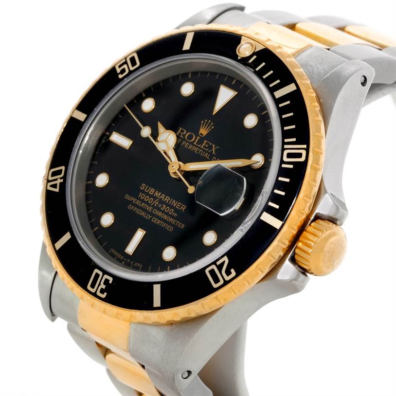 This image shows a close-up and angled side view of a Rolex Submariner 16803 Men's Steel and Gold (two tone) Black Dial 16803 Men's Steel and Gold (two tone) Black Dial, highlighting the black dial, bezel, and two-tone band.