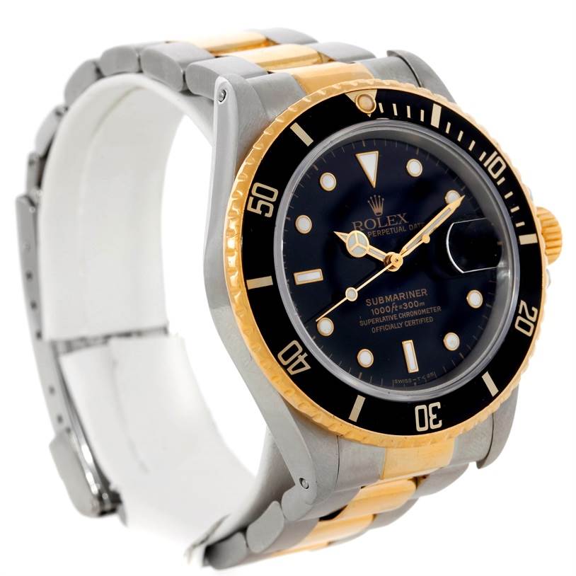 The image shows a side-angle view of the Rolex Submariner 16803 Men's Steel and Gold (two tone) Black Dial 16803 Men's Steel and Gold (two tone) Black Dial watch, highlighting its bezel, dial, and bracelet.
