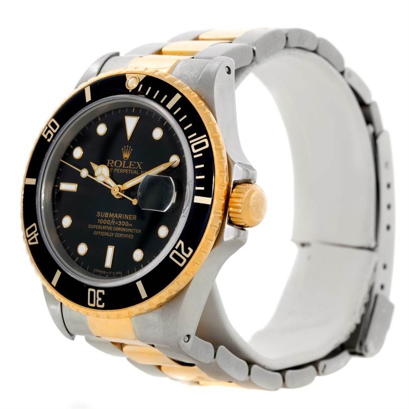 The Rolex Submariner 16803 Men's Steel and Gold (two tone) Black Dial 16803 Men's Steel and Gold (two tone) Black Dial watch is shown at a three-quarter angle, displaying its face, bezel, crown, and part of the strap.