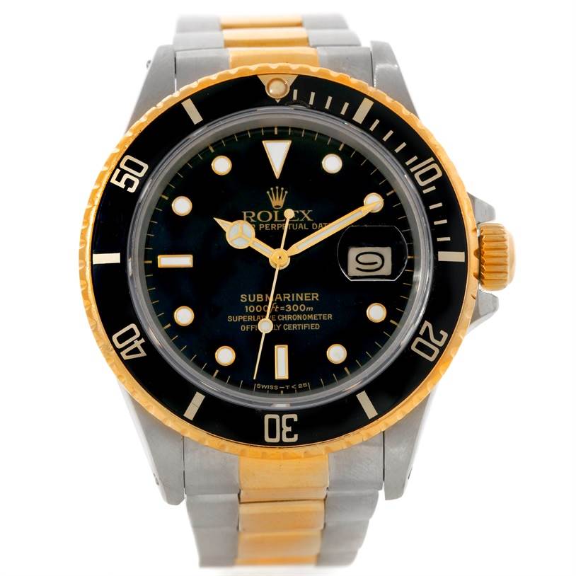 The image shows a Rolex Submariner 16803 Men's Steel and Gold (two tone) Black Dial 16803 Men's Steel and Gold (two tone) Black Dial watch from a front angle, displaying its bezel, dial, bracelet, and crown.