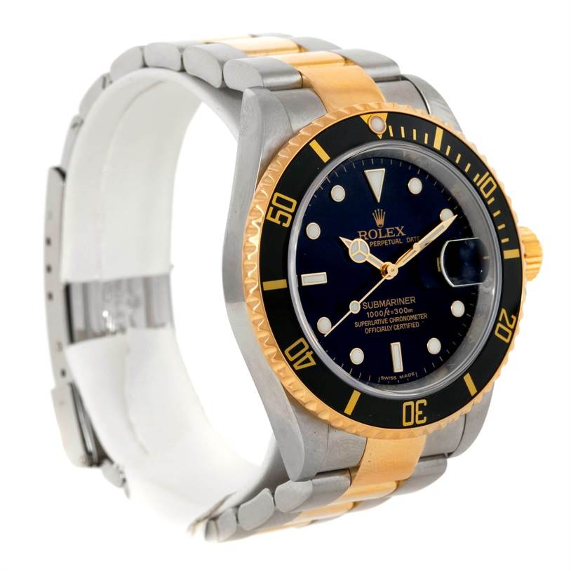 The image shows a side and front angle of a Rolex Submariner 16613 Men's Steel and Gold (two tone) Black Dial 16613 Men's Steel and Gold (two tone) Black Dial, displaying its two-tone bracelet, bezel, and dial.