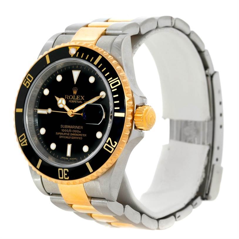 The image shows a side angle of a Rolex Submariner 16613 Men's Steel and Gold (two tone) Black Dial 16613 Men's Steel and Gold (two tone) Black Dial watch, highlighting the dial, bezel, crown, and two-tone bracelet.