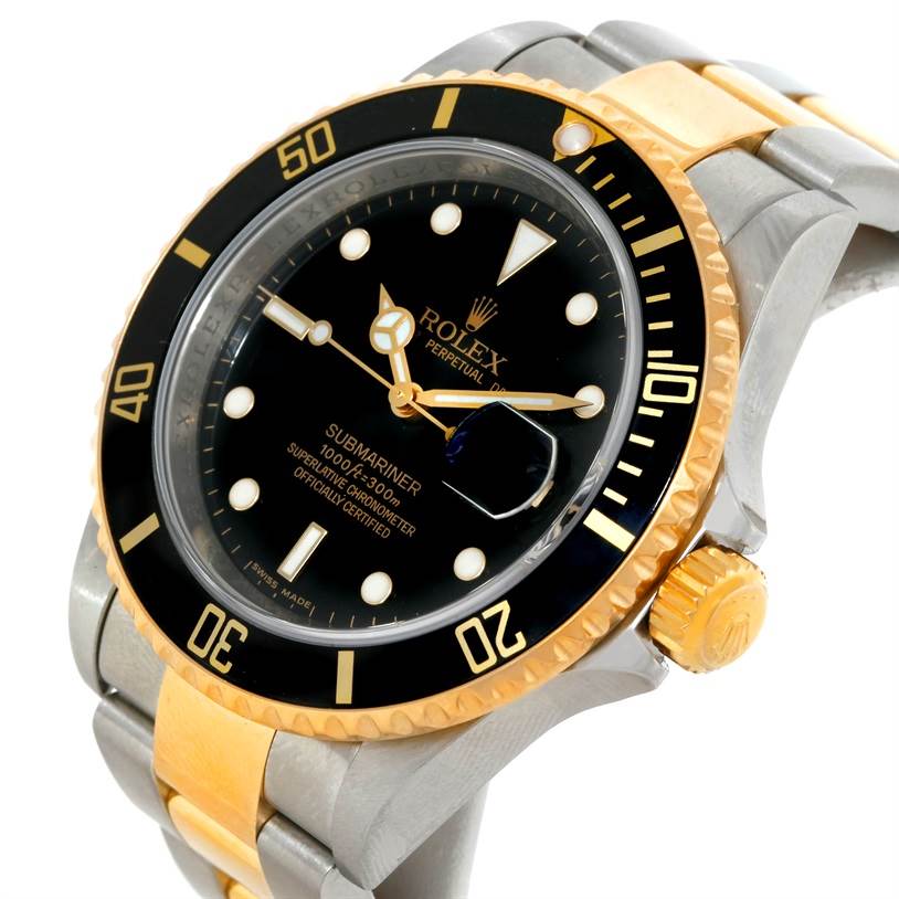 The image shows a close-up angled view of the Rolex Submariner 16613 Men's Steel and Gold (two tone) Black Dial 16613 Men's Steel and Gold (two tone) Black Dial watch, highlighting the bezel, dial, crown, and a portion of the bracelet.