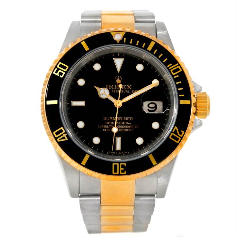 The image shows a front-facing view of a Rolex Submariner 16613 Men's Steel and Gold (two tone) Black Dial 16613 Men's Steel and Gold (two tone) Black Dial watch, highlighting the dial, bezel, and bracelet.