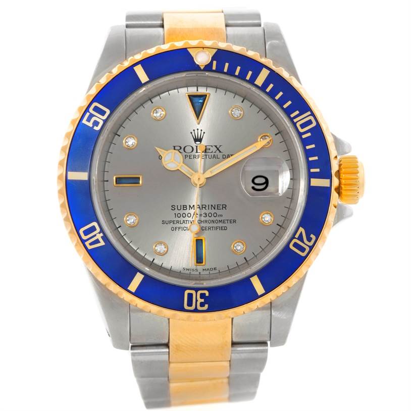 This image shows a front view of the Rolex Submariner 16613 Men's Steel and Gold (two tone) Grey Dial 16613 Men's Steel and Gold (two tone) Grey Dial watch, displaying the dial, bezel, and part of the bracelet.