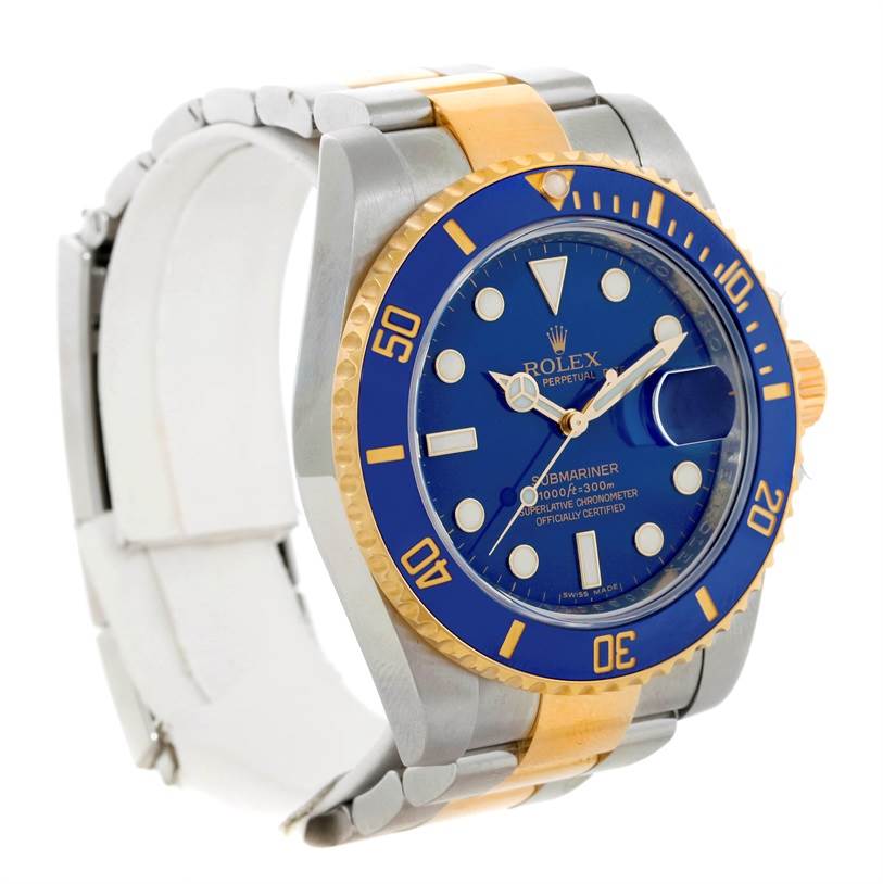 The Rolex Submariner 116613 Men's Steel and Gold (two tone) Blue Dial 116613 Men's Steel and Gold (two tone) Blue Dial watch is shown at an angle displaying its blue dial, gold bezel, and two-tone bracelet.