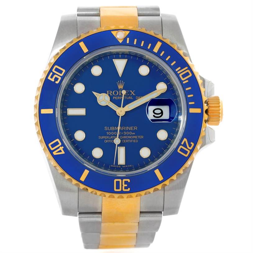 This image shows a front view of a Rolex Submariner 116613 Men's Steel and Gold (two tone) Blue Dial 116613 Men's Steel and Gold (two tone) Blue Dial watch, featuring a blue dial and bezel with gold and silver accents.