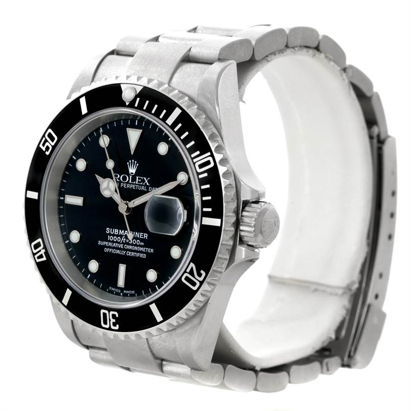 The image shows a Rolex Submariner 16610 Men
s Stainless Steel Black Dial 16610 Men
s Stainless Steel Black Dial watch at a side angle highlighting its case, bezel, dial, bracelet, and crown.