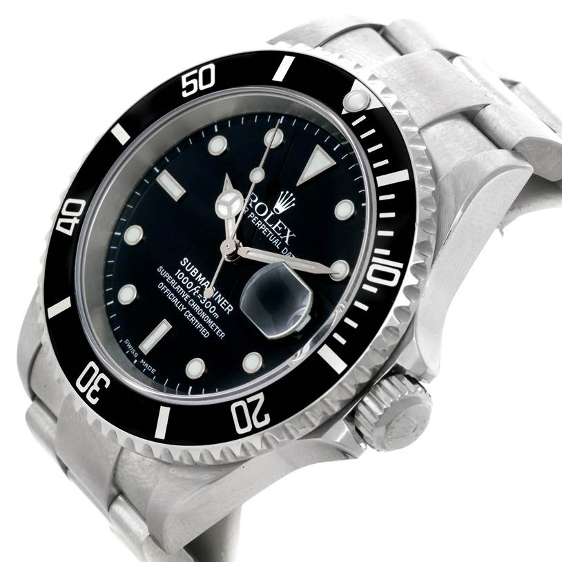This image shows a Rolex Submariner 16610 Men
s Stainless Steel Black Dial 16610 Men
s Stainless Steel Black Dial watch angled to display the bezel, dial, crown, and part of the bracelet.