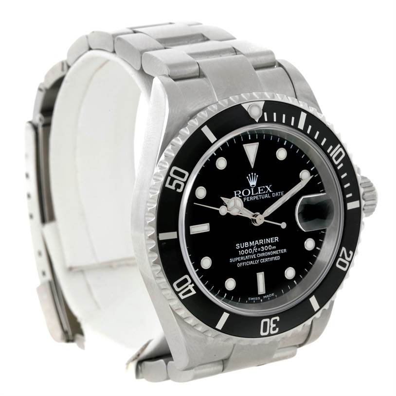 The Rolex Submariner 16610 Men
s Stainless Steel Black Dial 16610 Men
s Stainless Steel Black Dial watch is shown from a left-front angle, highlighting the dial, bezel, and part of the bracelet.