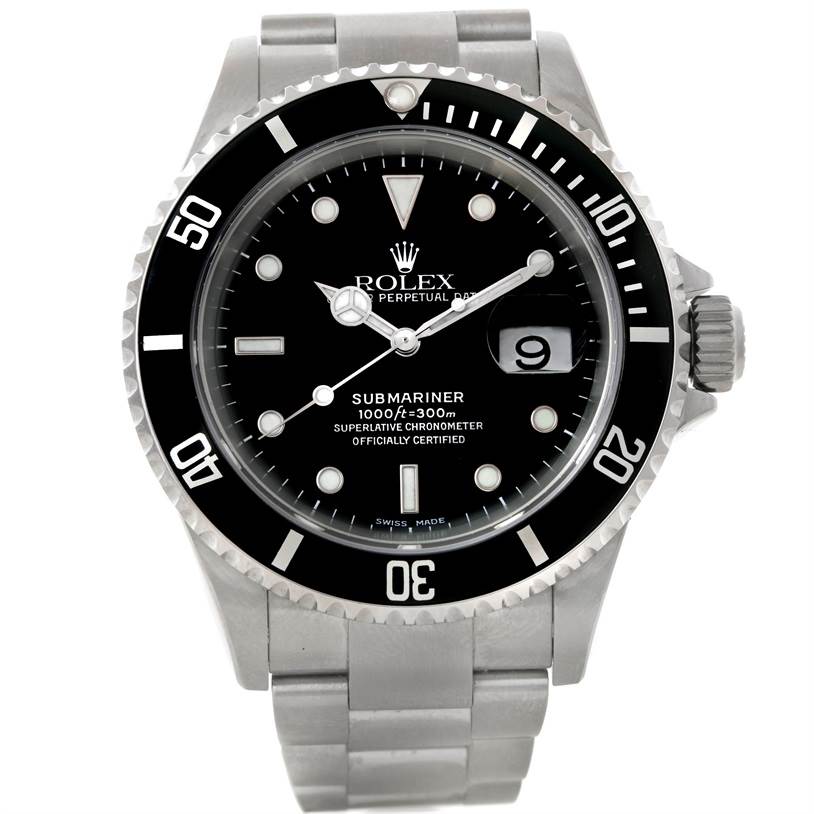 The image shows a front view of the Rolex Submariner 16610 Men
s Stainless Steel Black Dial 16610 Men
s Stainless Steel Black Dial watch, displaying its dial, bezel, and bracelet.