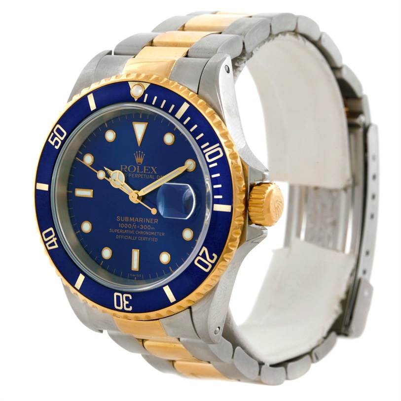 This image shows a side-front angle of a Rolex Submariner 16613 Men's Steel and Gold (two tone) Blue Dial 16613 Men's Steel and Gold (two tone) Blue Dial, highlighting the bezel, dial, crown, and part of the bracelet.