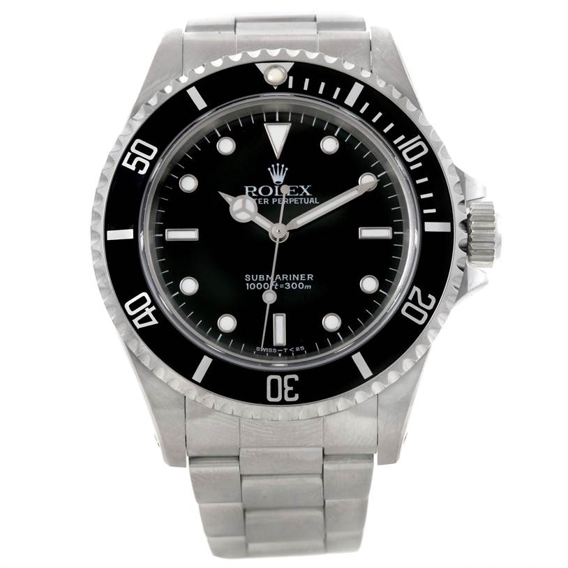 This image shows a front view of the Rolex Submariner 14060 Men
s Stainless Steel Black Dial 14060 Men
s Stainless Steel Black Dial watch, displaying its dial, bezel, crown, and bracelet.