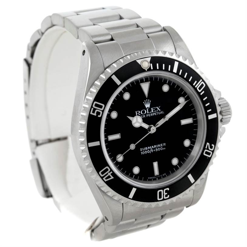 The Rolex Submariner 14060 Men
s Stainless Steel Black Dial 14060 Men
s Stainless Steel Black Dial watch is shown at a slight angle, showcasing its bezel, crown, dial, and bracelet.