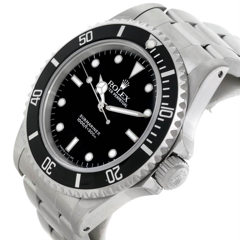 The image shows a front-angle view of a Rolex Submariner 14060 Men
s Stainless Steel Black Dial 14060 Men
s Stainless Steel Black Dial watch, highlighting its dial, bezel, and part of the bracelet.