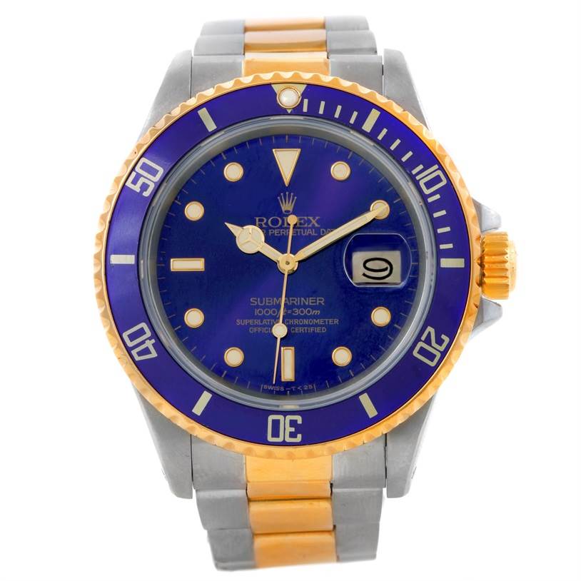 This image shows a front view of a Rolex Submariner 16803 Men's Steel and Gold (two tone) Blue Dial 16803 Men's Steel and Gold (two tone) Blue Dial watch with a blue dial, gold accents, and a two-tone bracelet.
