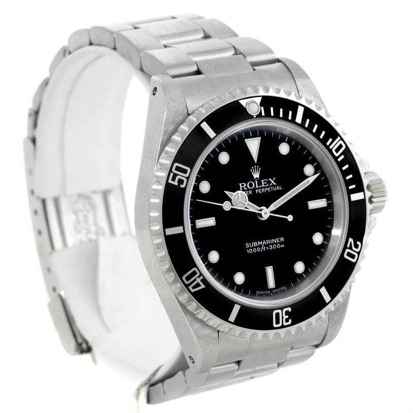 The Rolex Submariner 14060 Men
s Stainless Steel Black Dial 14060 Men
s Stainless Steel Black Dial watch is shown from a three-quarter angle, highlighting the dial, bezel, bracelet, and crown.