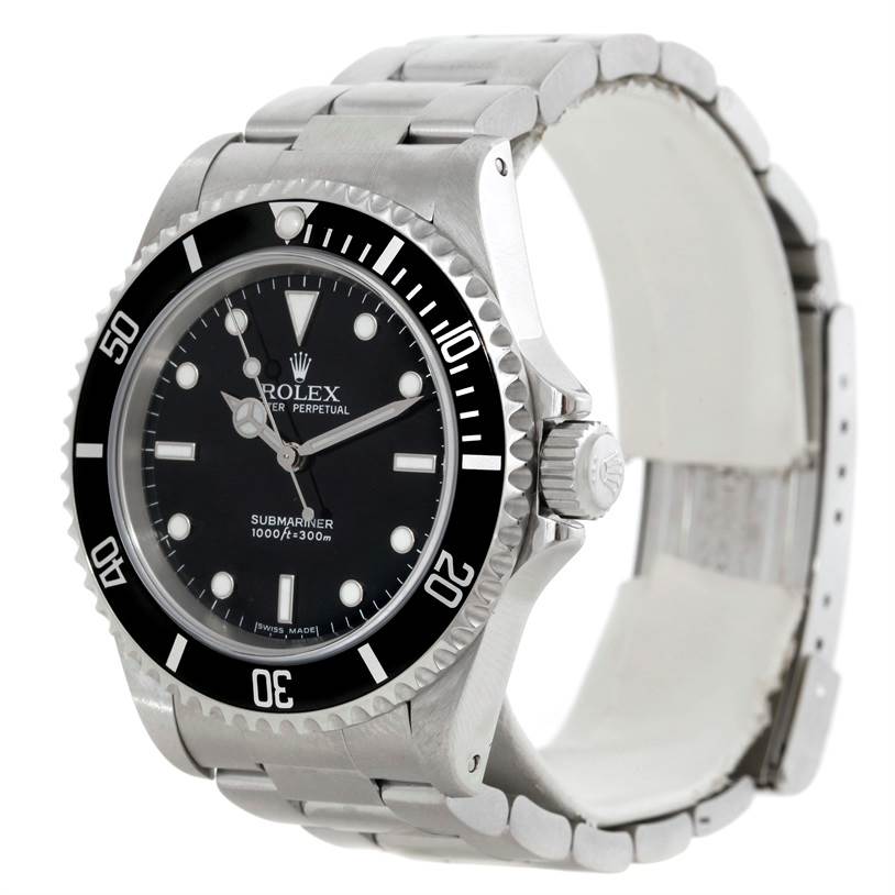 The image shows a Rolex Submariner 14060 Men
s Stainless Steel Black Dial 14060 Men
s Stainless Steel Black Dial watch from an angled front view displaying its face, bezel, and bracelet.
