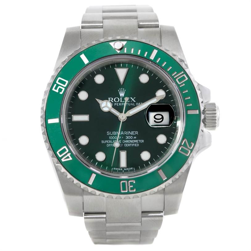 The image shows a front view of a Rolex Submariner 116610LV Men's Stainless Steel Green Dial 116610LV Men's Stainless Steel Green Dial watch with a green bezel and dial, displaying the date at 3 o'clock.