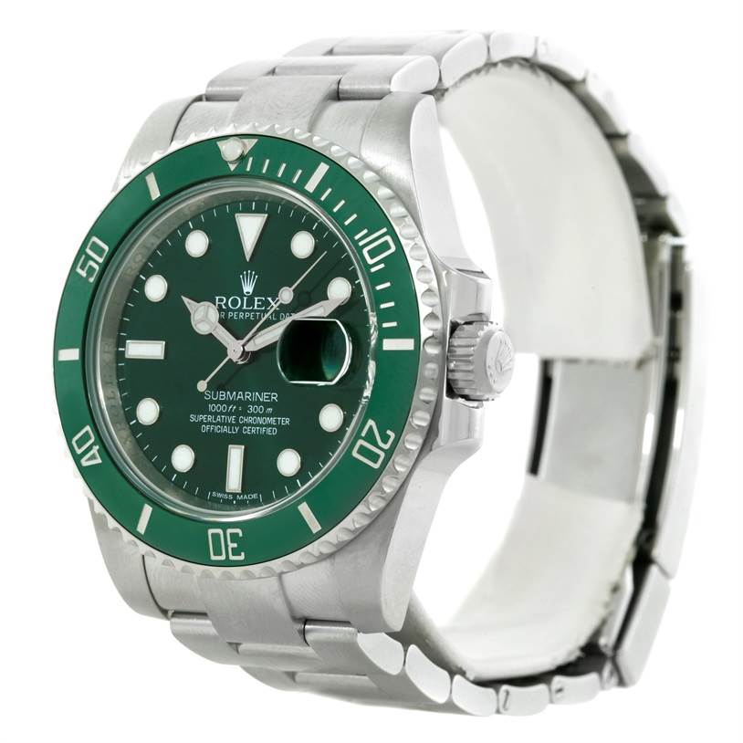 This image shows a front and slightly angled side view of a Rolex Submariner 116610LV Men's Stainless Steel Green Dial 116610LV Men's Stainless Steel Green Dial watch, featuring the dial, bezel, and part of the bracelet.