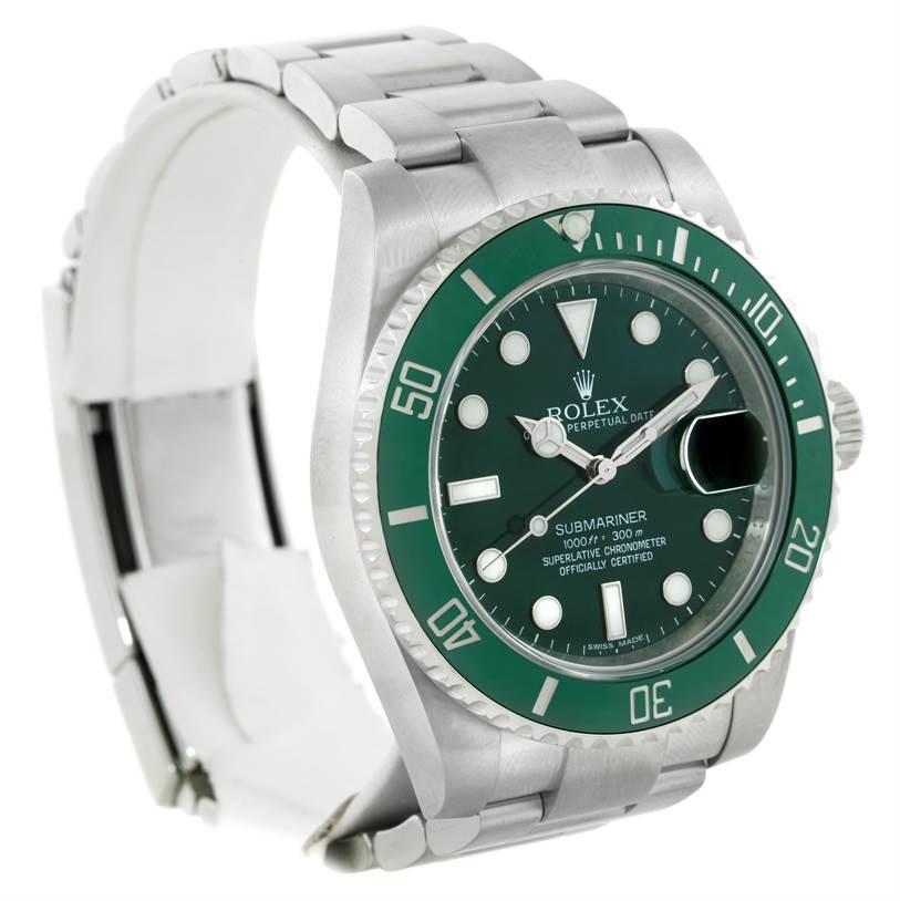 The image shows a Rolex Submariner 116610LV Men's Stainless Steel Green Dial 116610LV Men's Stainless Steel Green Dial watch at a slight angle, highlighting its green bezel, dial, and bracelet.