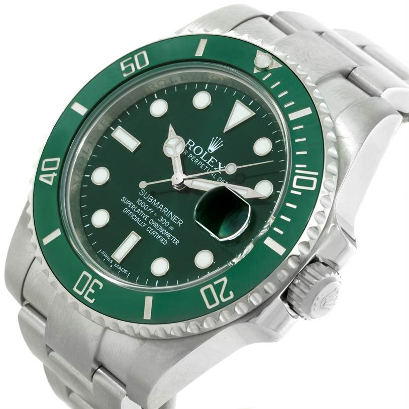 The image shows a close-up angle of a Rolex Submariner 116610LV Men's Stainless Steel Green Dial 116610LV Men's Stainless Steel Green Dial watch featuring its green bezel, dial, and crown.