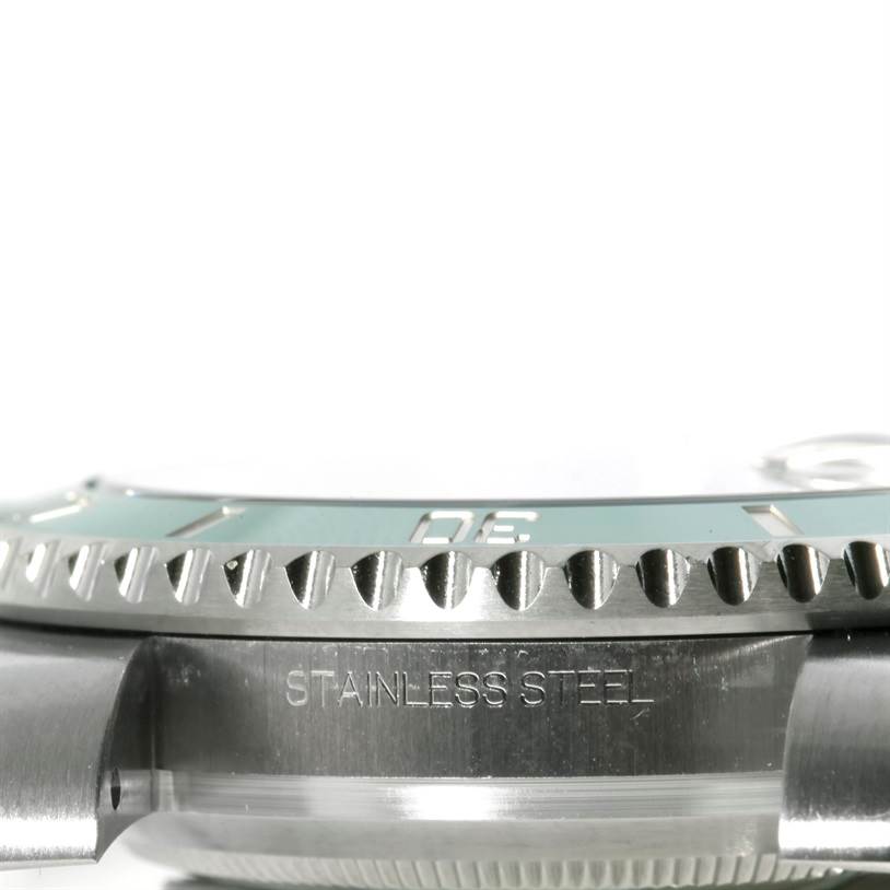 This image shows a close-up side view of the stainless steel case and bezel of the Rolex Submariner 116610LV Men's Stainless Steel Green Dial 116610LV Men's Stainless Steel Green Dial model.