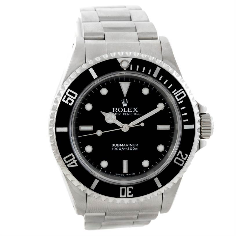 The image shows a front view of the Rolex Submariner 14060 Men
s Stainless Steel Black Dial 14060 Men
s Stainless Steel Black Dial watch, displaying its dial, bezel, crown, and bracelet.