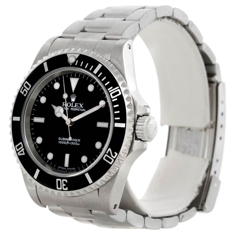 This image shows a Rolex Submariner 14060 Men
s Stainless Steel Black Dial 14060 Men
s Stainless Steel Black Dial watch at an angled front view, highlighting the face, bezel, crown, and part of the bracelet.