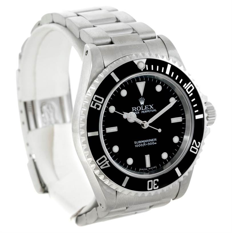 The image shows a Rolex Submariner 14060 Men
s Stainless Steel Black Dial 14060 Men
s Stainless Steel Black Dial watch angled to display the face, bezel, crown, and part of the bracelet.