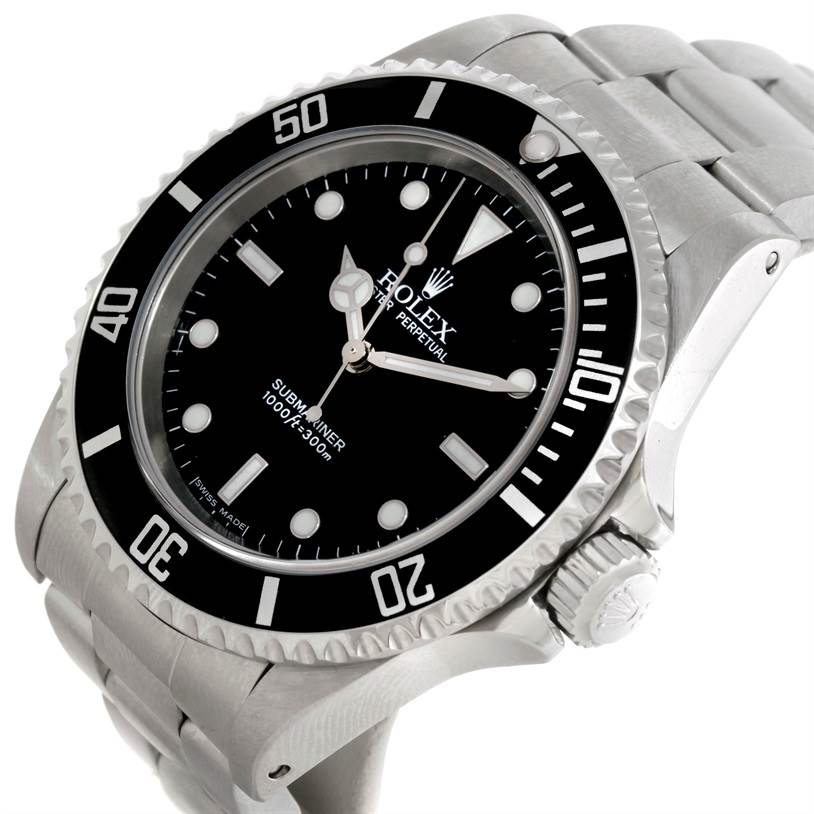 This image shows a top-front angled view of a Rolex Submariner 14060 Men
s Stainless Steel Black Dial 14060 Men
s Stainless Steel Black Dial watch, highlighting its black dial, bezel, and stainless steel bracelet.