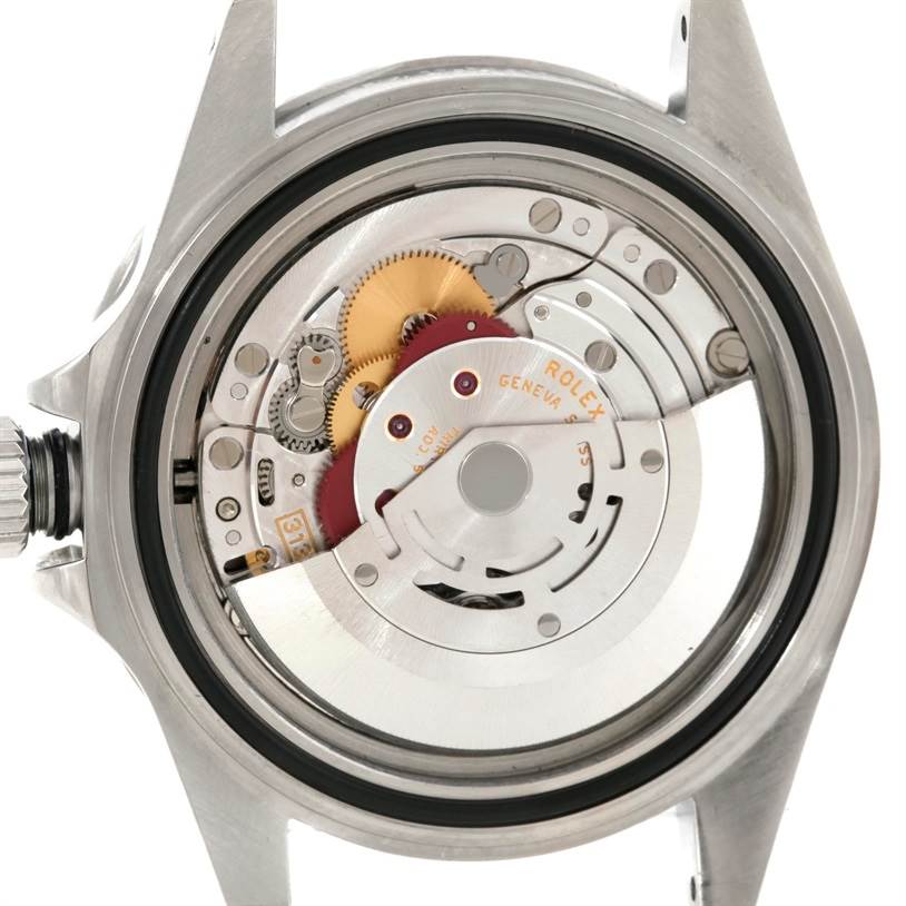 This image shows the back view of a Rolex Submariner 14060 Men
s Stainless Steel Black Dial 14060 Men
s Stainless Steel Black Dial watch, revealing its internal movement and components.